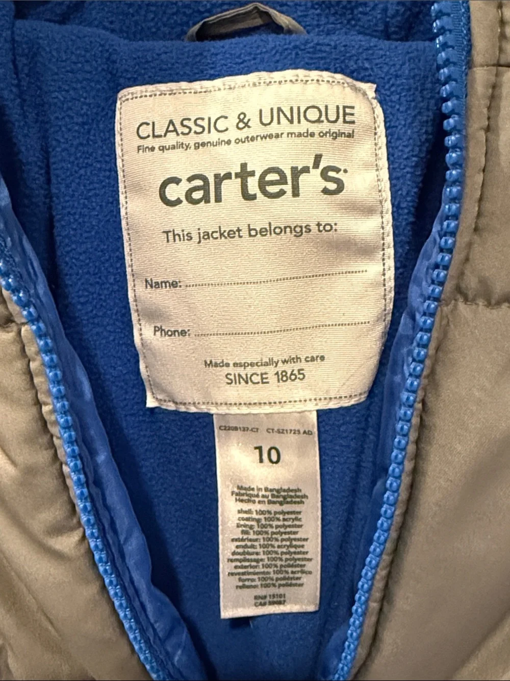 Carter's Gray Puffer Jacket with Blue Fleece Insulation and Hood